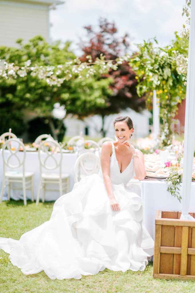 bride at outdoor wedding reception