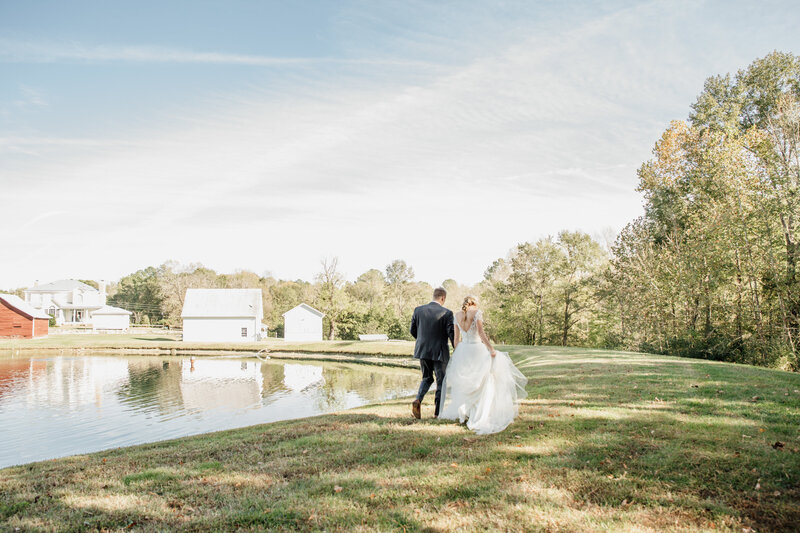 Couple at their lakeside destination wedding in Raleigh, North Carolina.